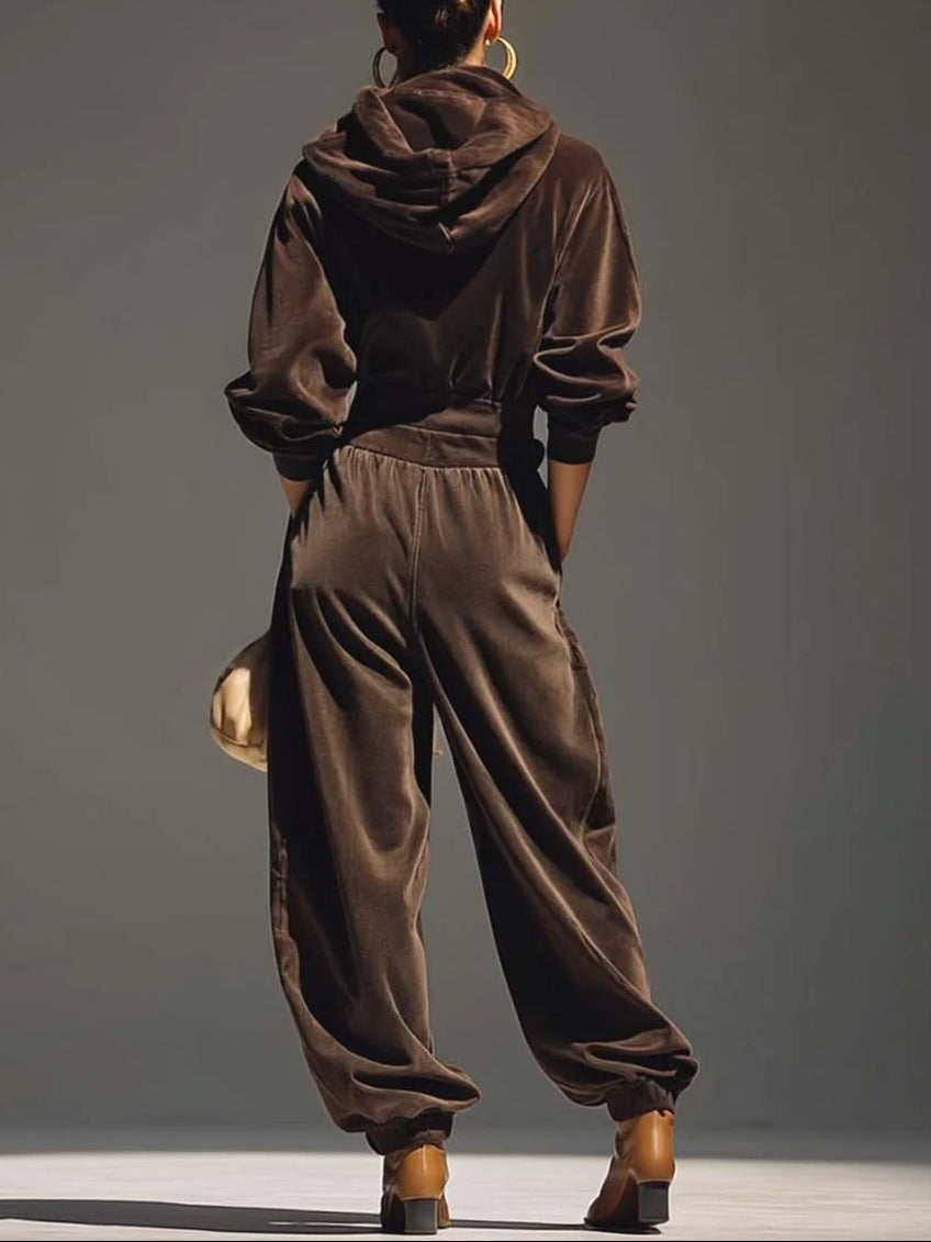 Ella | Vintage Velvet Hoodie and Loose-Fitting Trousers Set (Includes Belt）