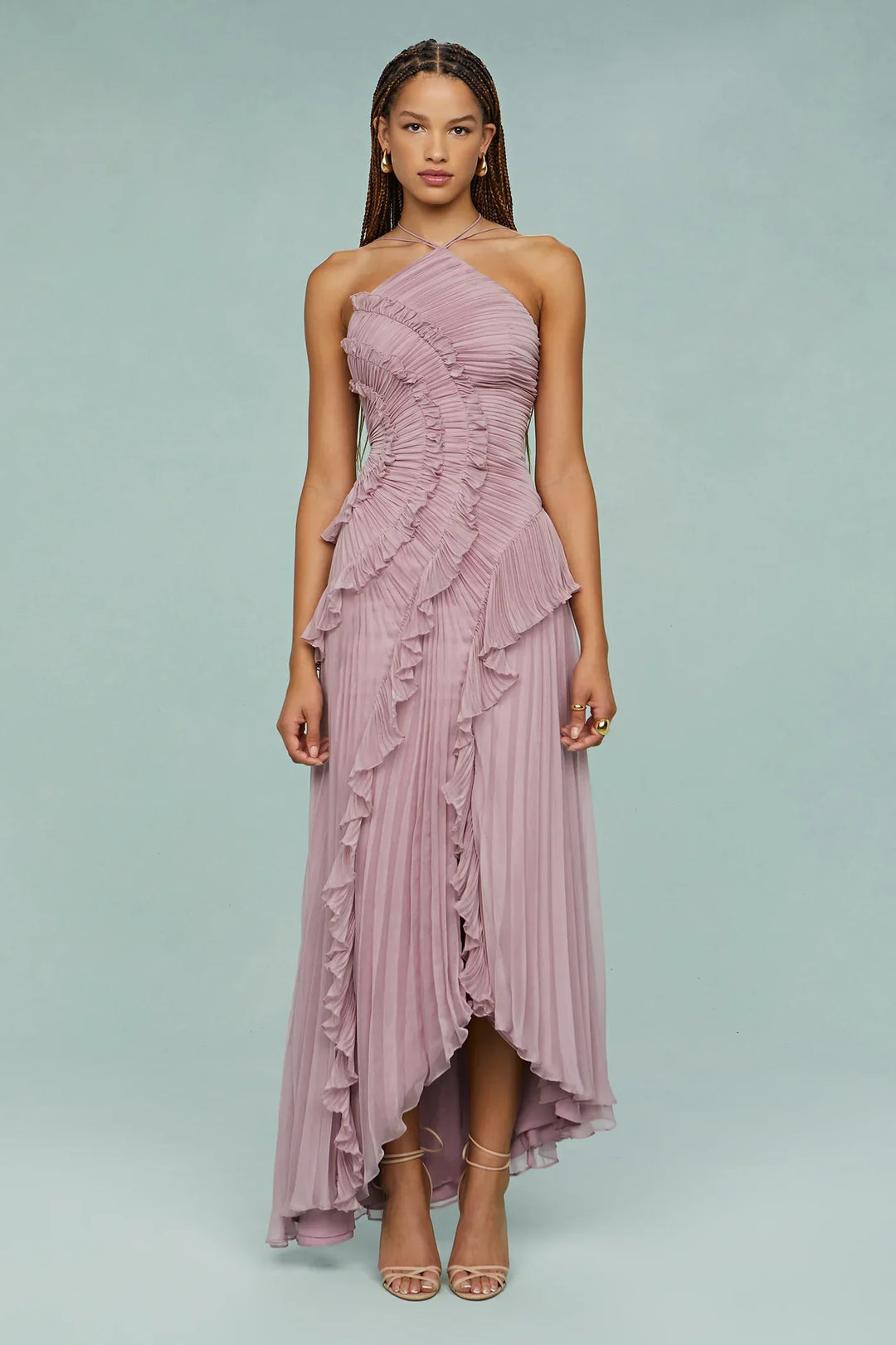 Amanda | Pleated Asymmetrical Halter Maxi Dress