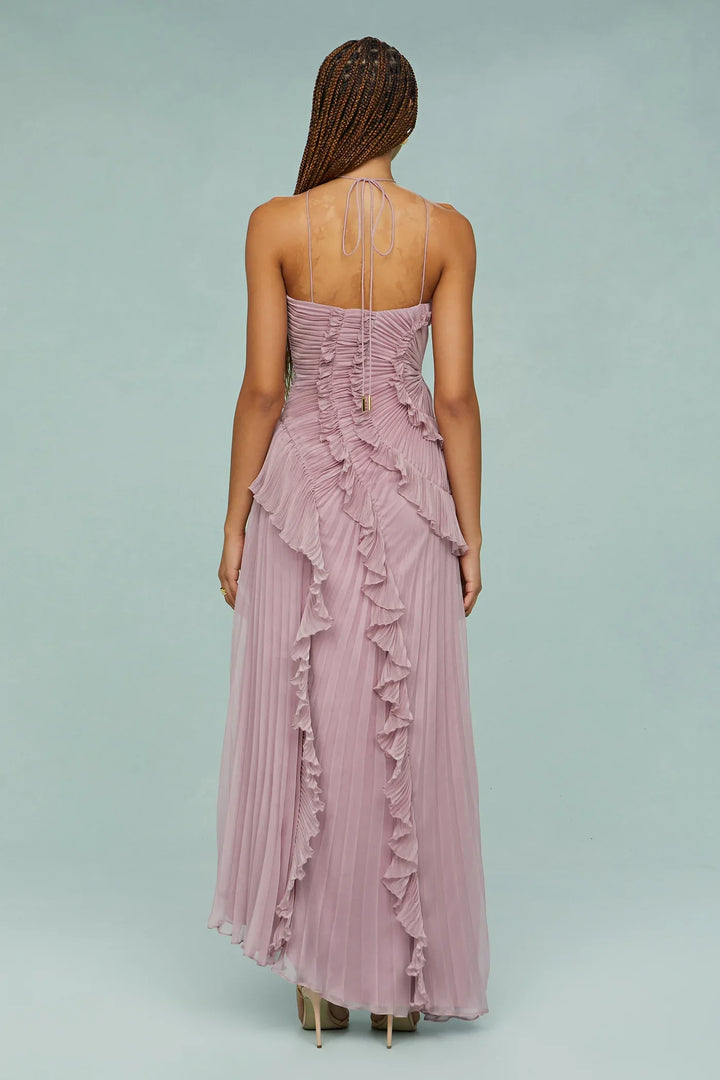 Amanda | Pleated Asymmetrical Halter Maxi Dress