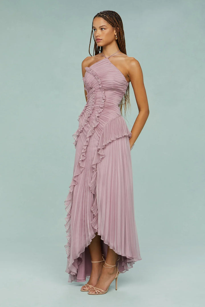 Amanda | Pleated Asymmetrical Halter Maxi Dress