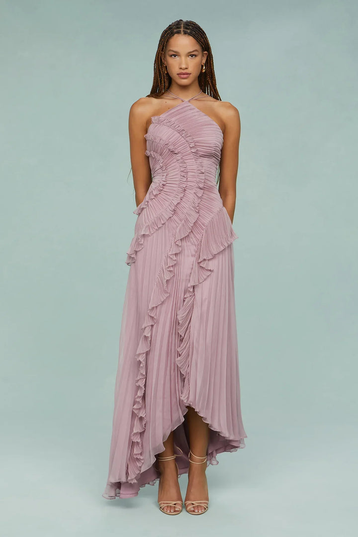 Amanda | Pleated Asymmetrical Halter Maxi Dress