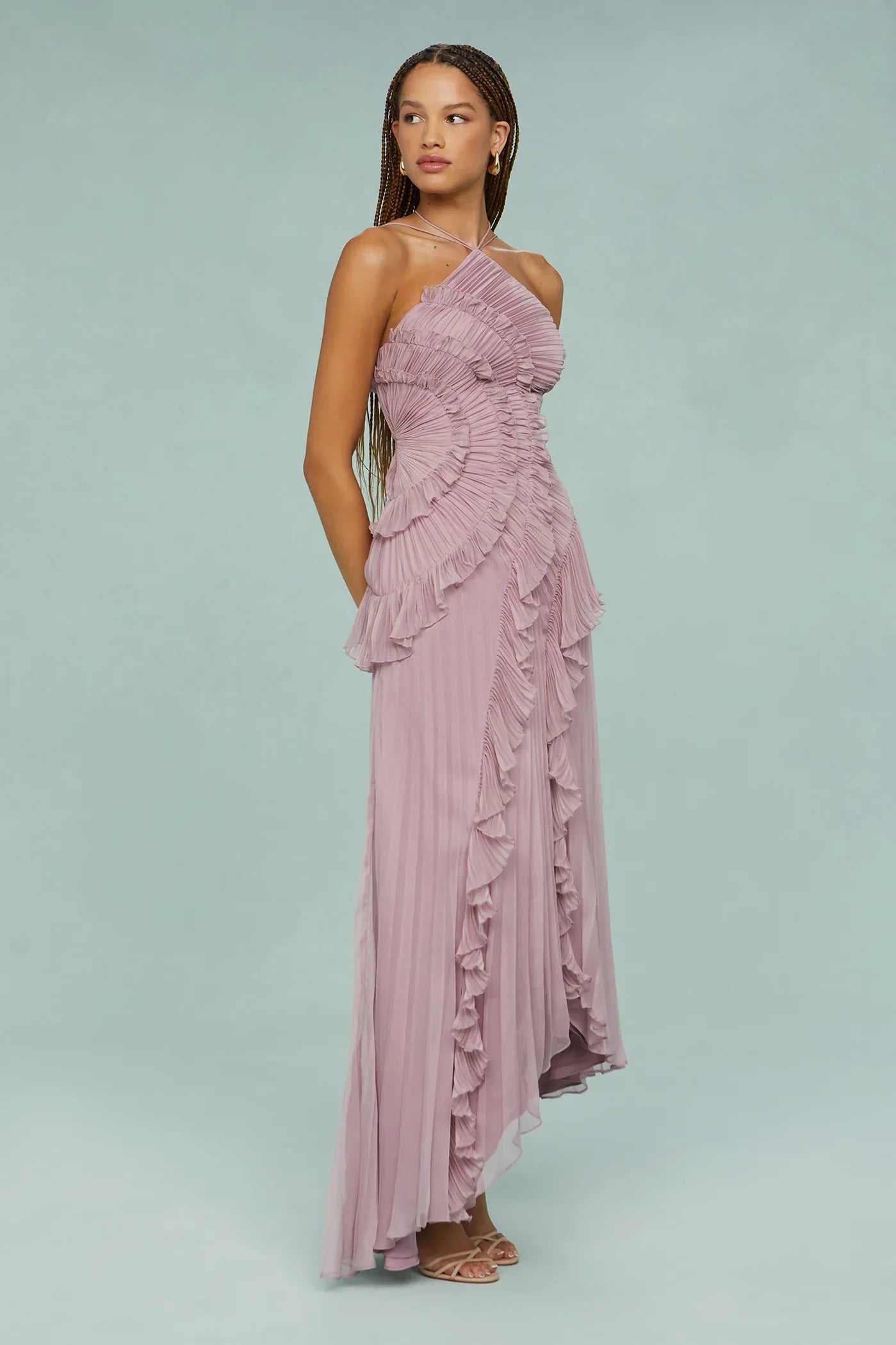 Amanda | Pleated Asymmetrical Halter Maxi Dress