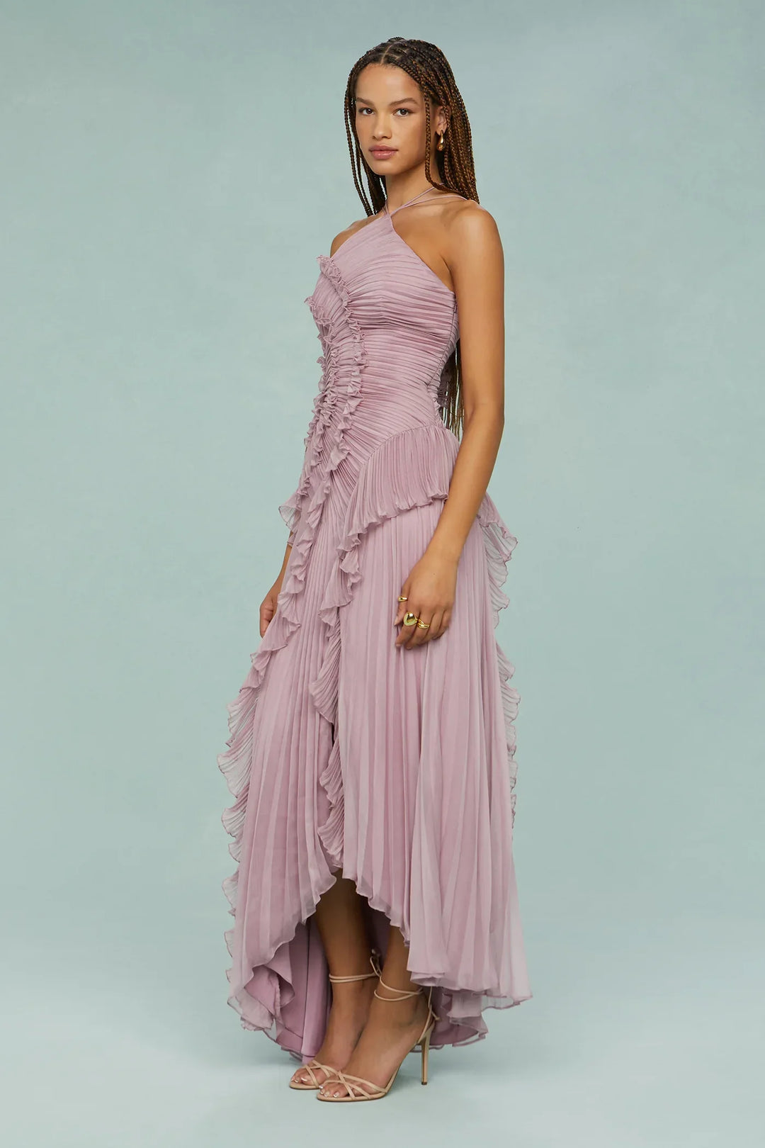 Amanda | Pleated Asymmetrical Halter Maxi Dress