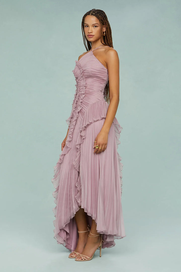 Amanda | Pleated Asymmetrical Halter Maxi Dress