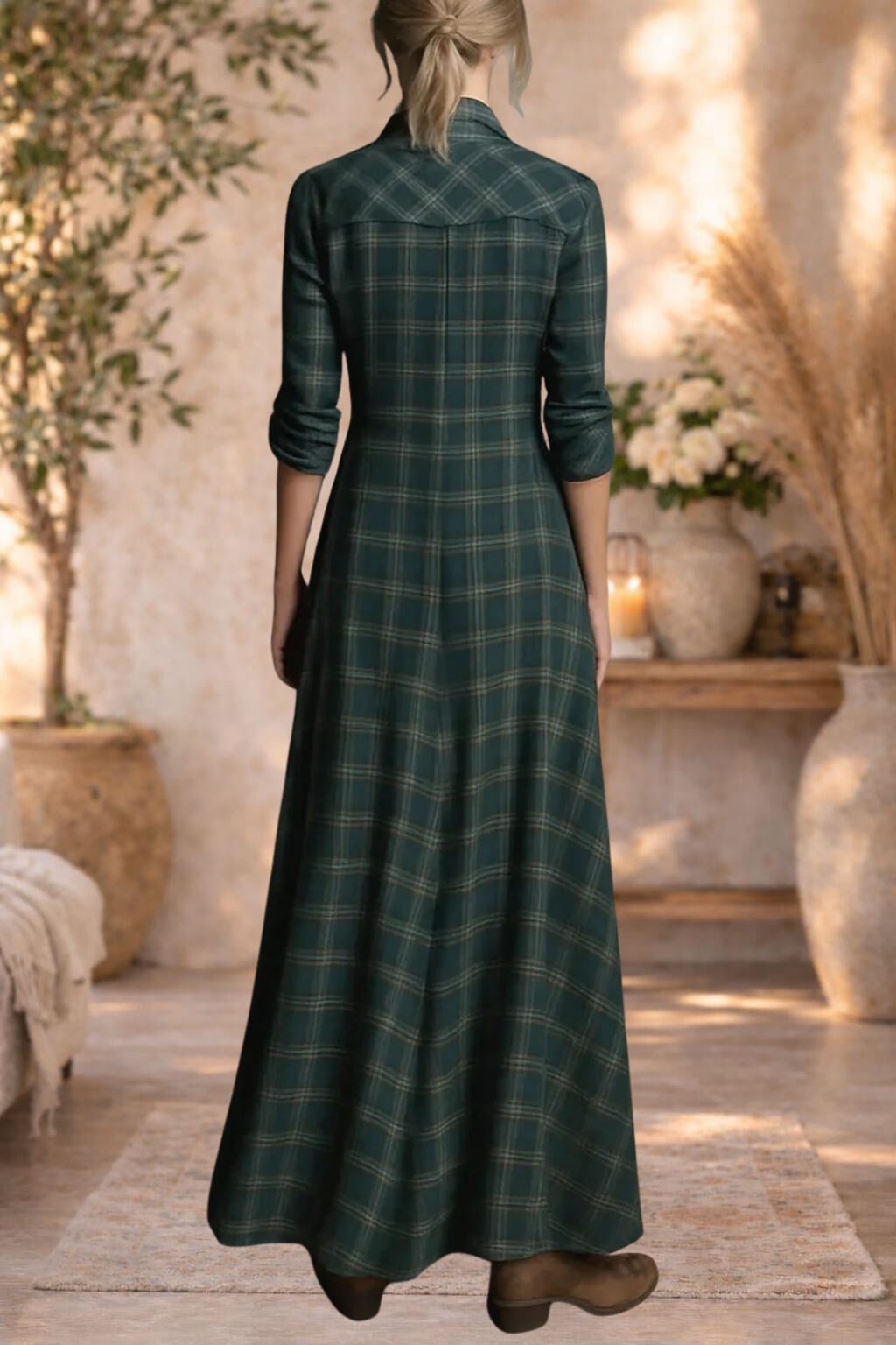 Fiona | Plaid Button-Front Long Sleeve Maxi Dress