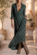 Fiona | Plaid Button-Front Long Sleeve Maxi Dress