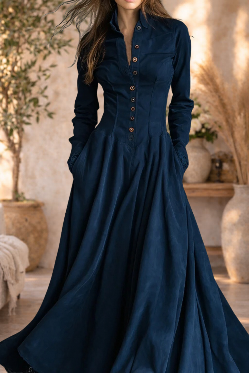 Martha | Button-Front Long Sleeve Maxi Dress