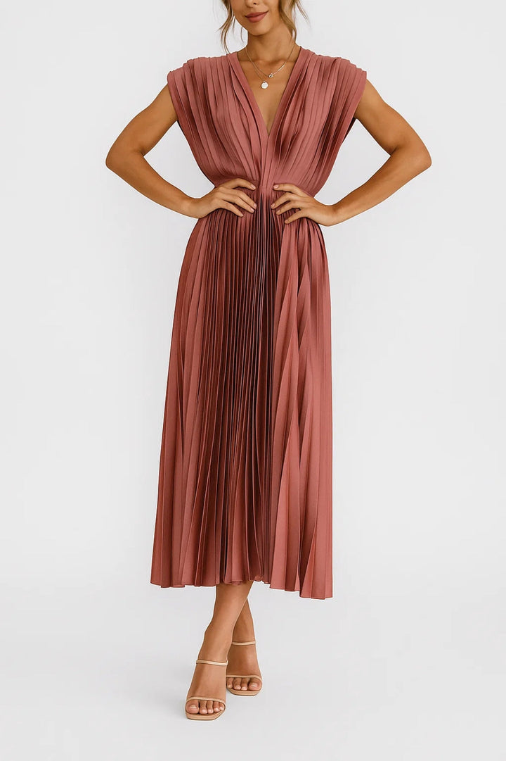 Sandra | Pleated V-Neck Midi Dress