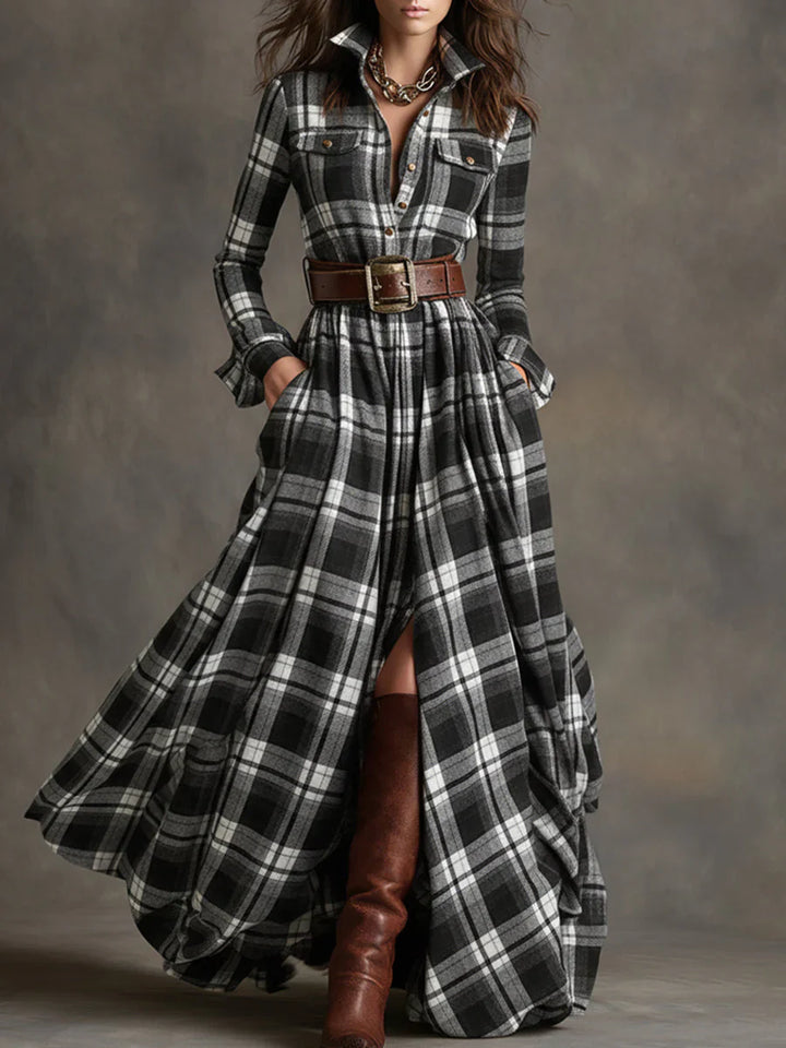 Isabel | Long Retro Dress with Reddish-Brown Checks and Lapel