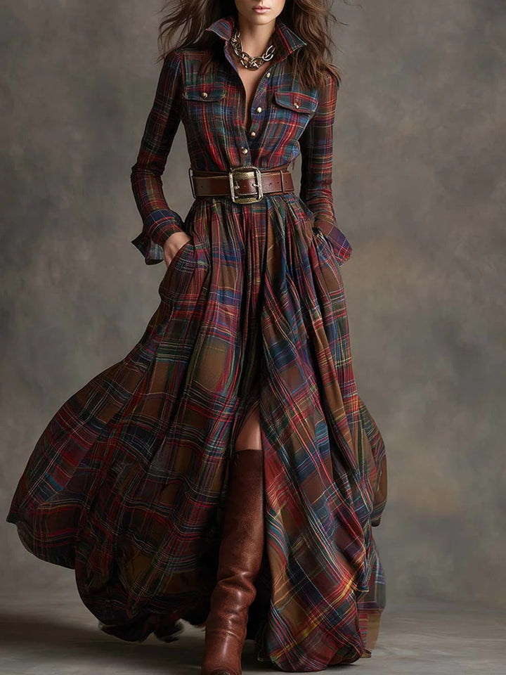 Isabel | Long Retro Dress with Reddish-Brown Checks and Lapel