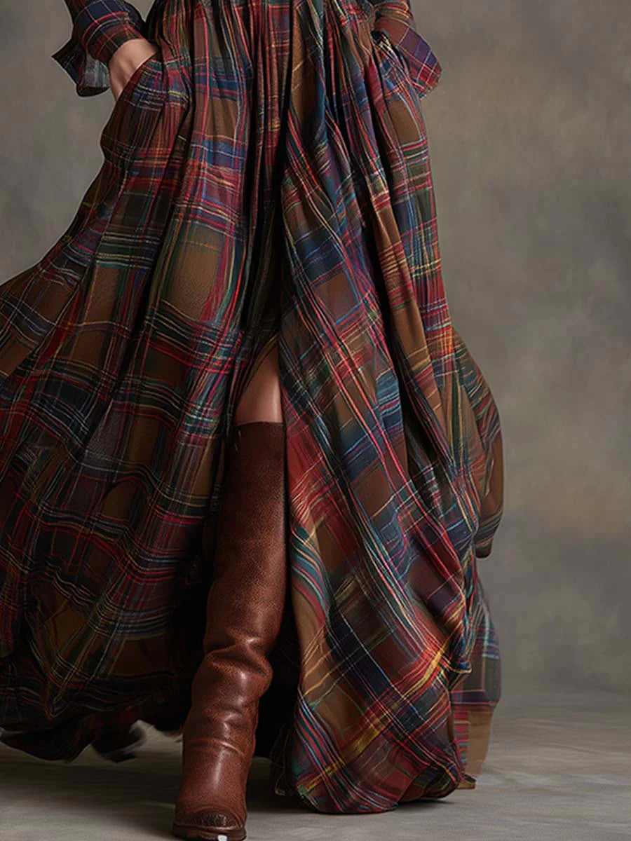 Isabel | Long Retro Dress with Reddish-Brown Checks and Lapel