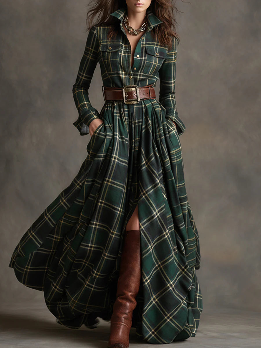Isabel | Long Retro Dress with Reddish-Brown Checks and Lapel