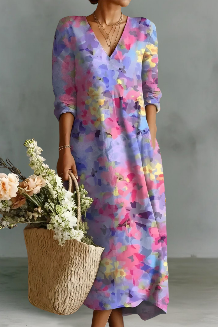 Kylie | Linen V-Neck Long Sleeve Dress
