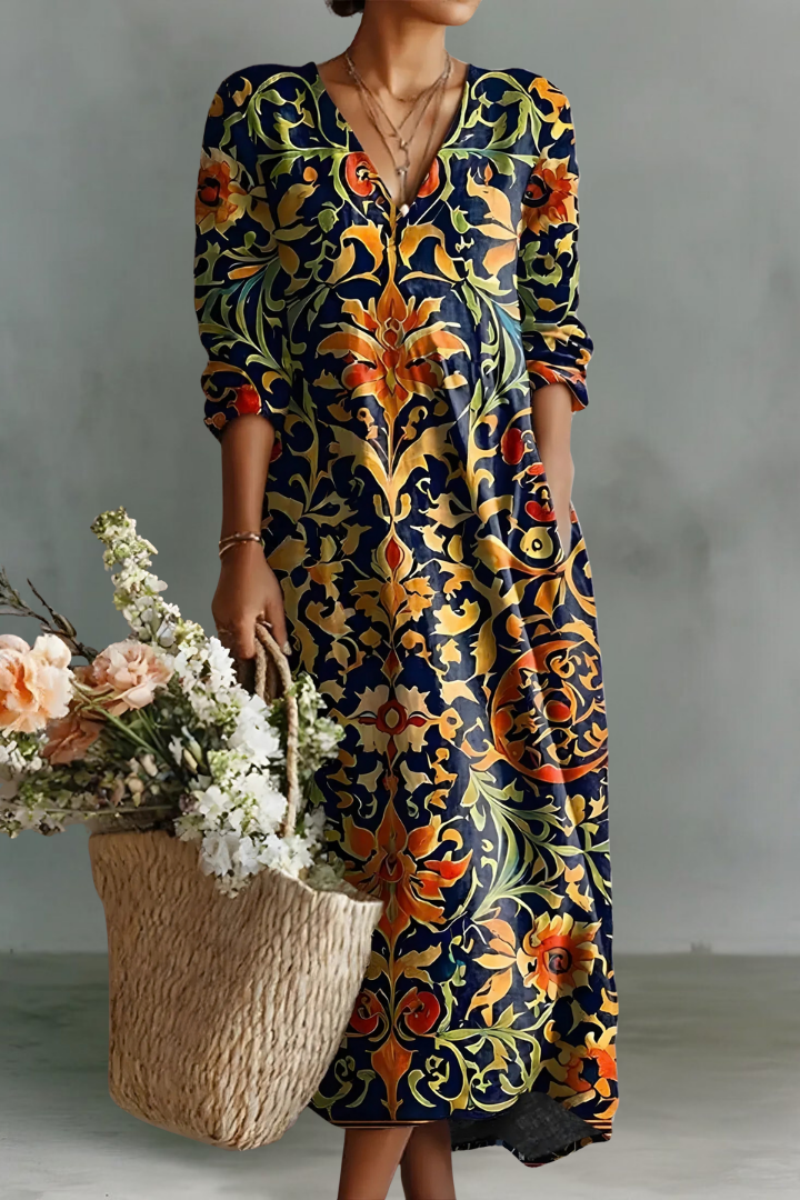 Riley | Linen V-Neck Long Sleeve Dress