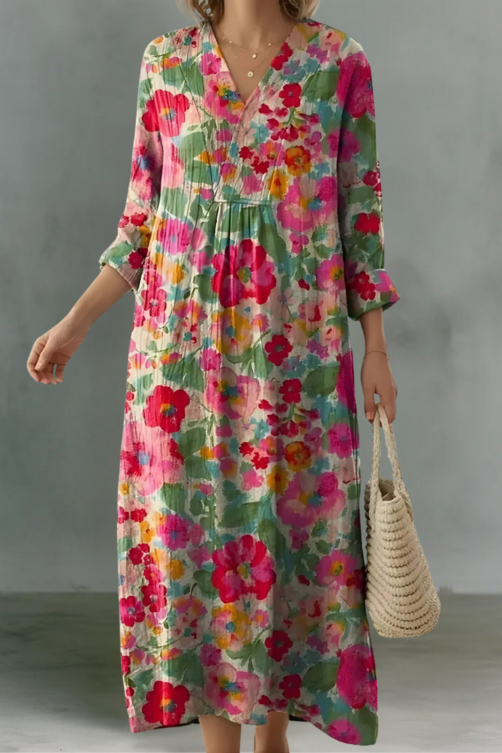 Ashley | Linen V-Neck Long Sleeve Dress