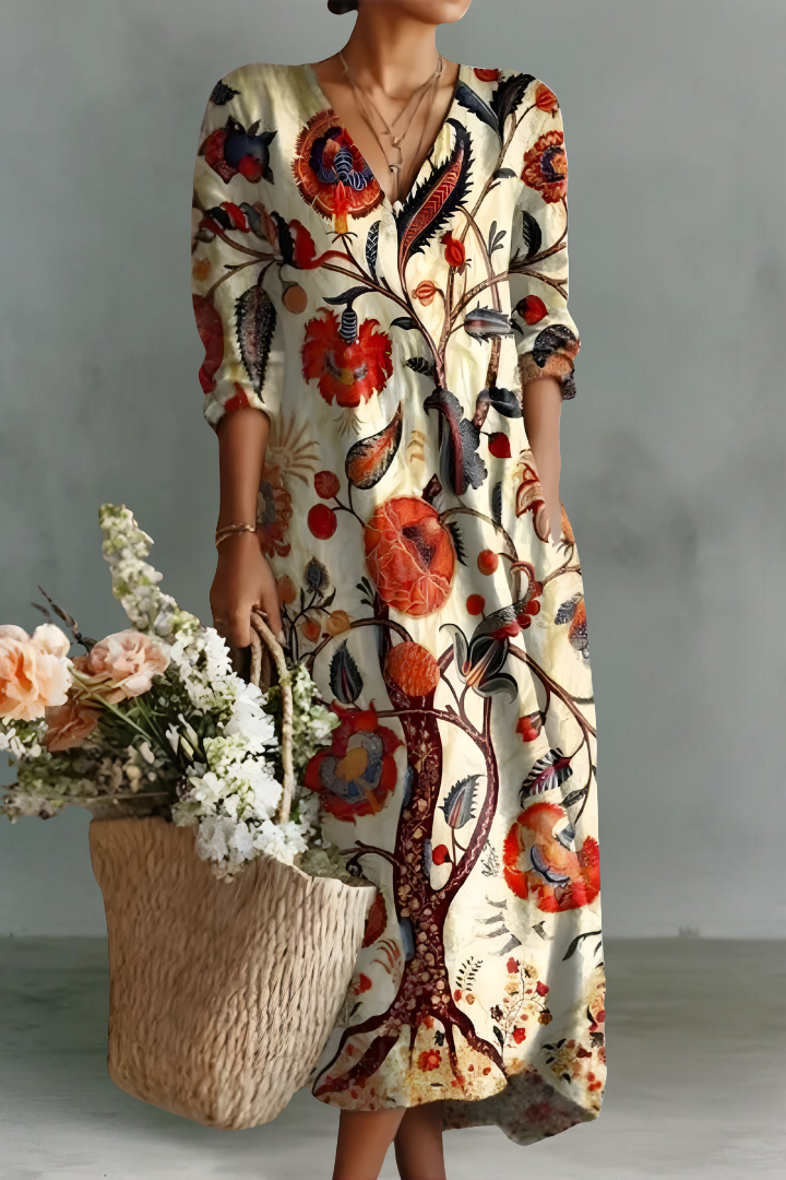 Grace | Linen V-Neck Long Sleeve Dress