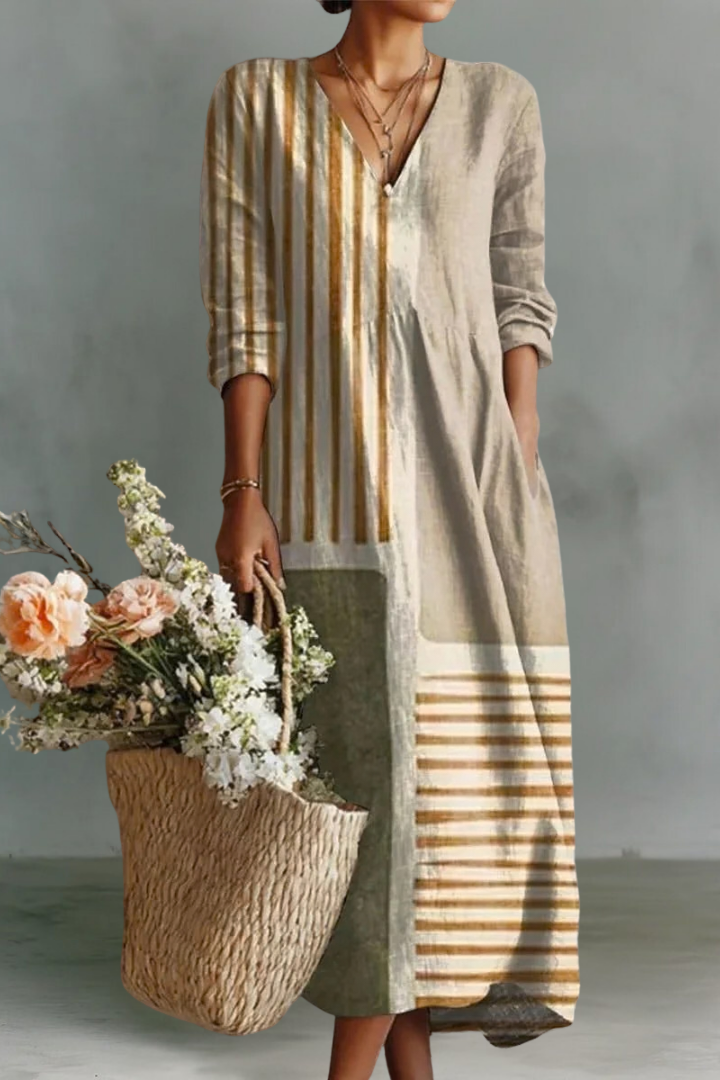 Nathalie | Linen V-Neck Long Sleeve Dress
