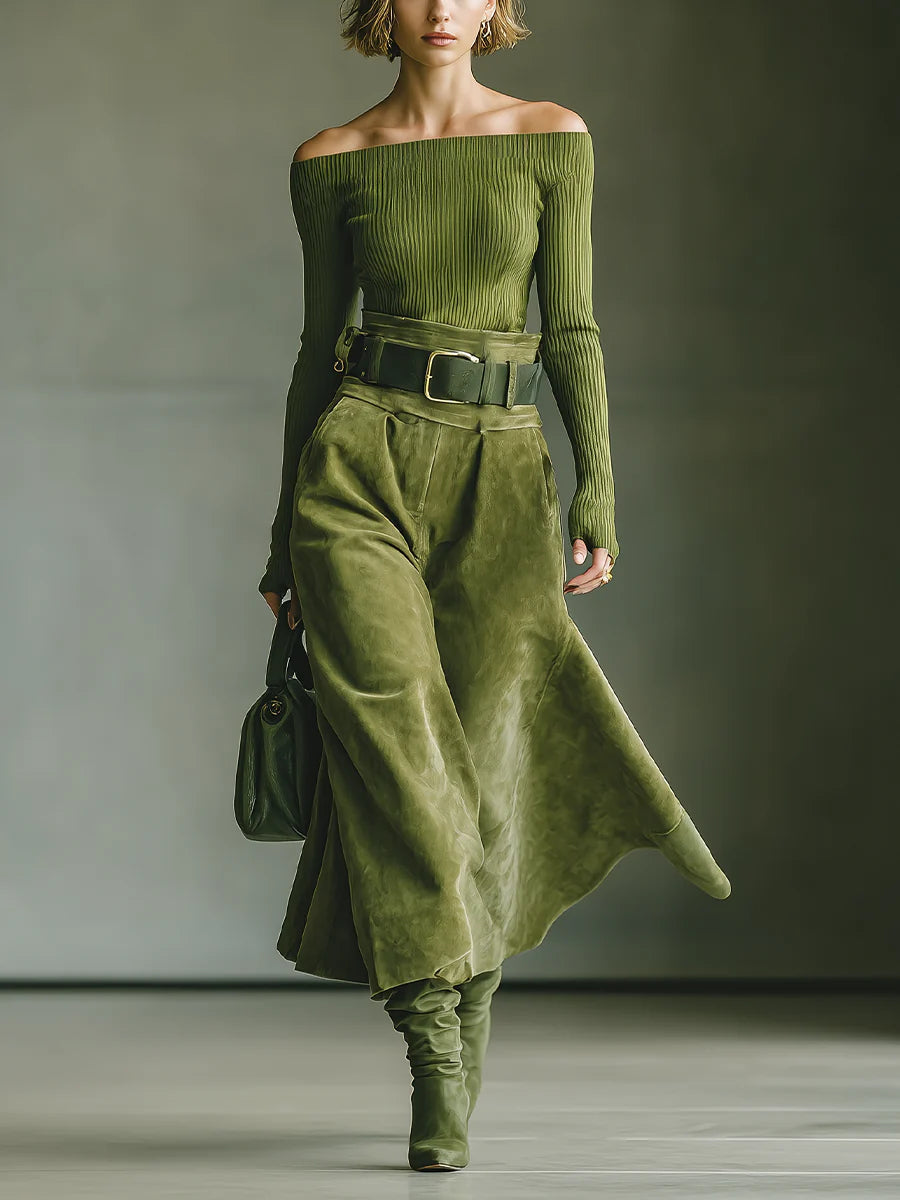 Jane | Off-Shoulder Top and Faux Suede Skirt Set (Includes Belt）