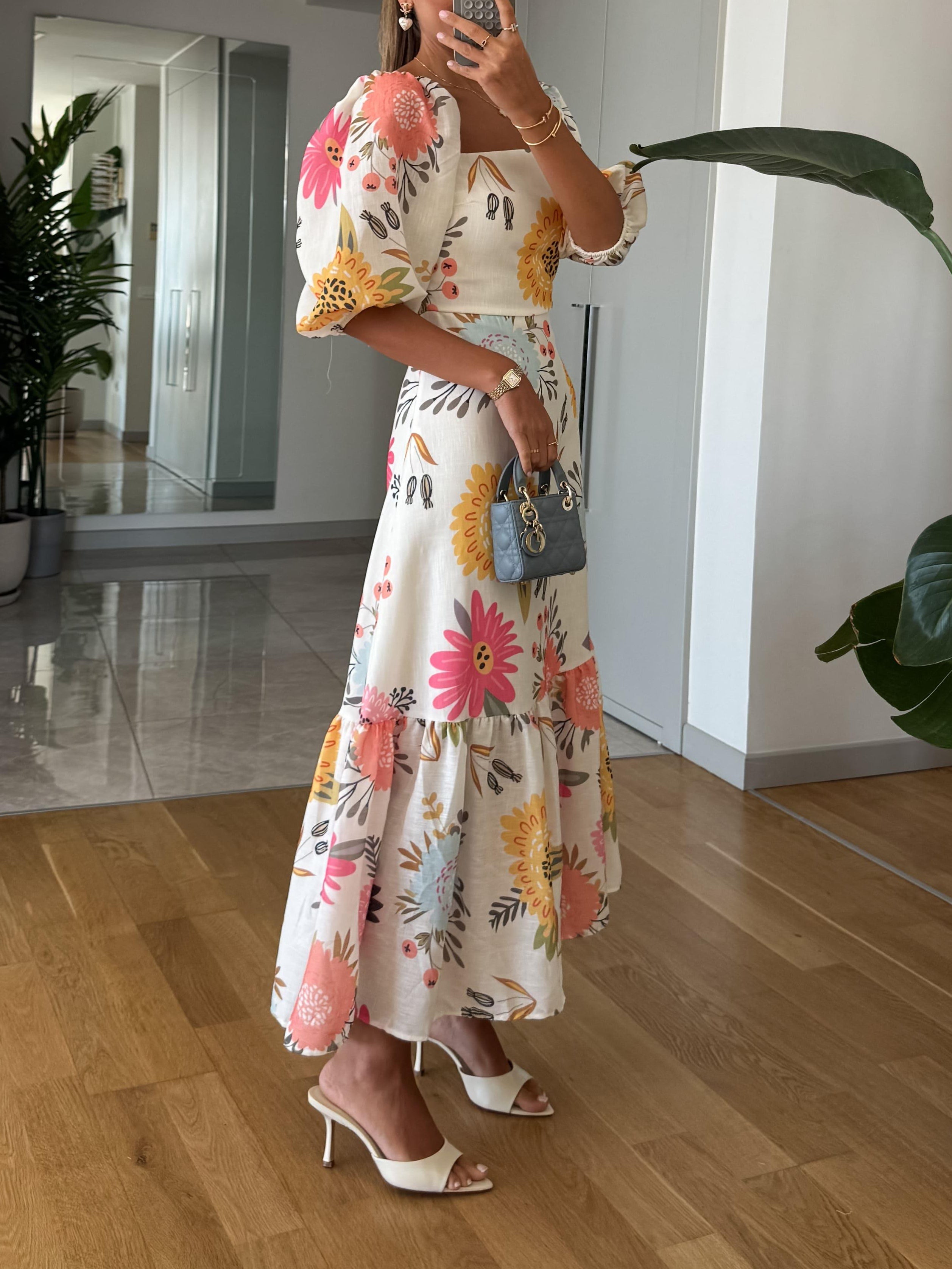 Susan | Romantic Floral Midi With Puff Sleeves