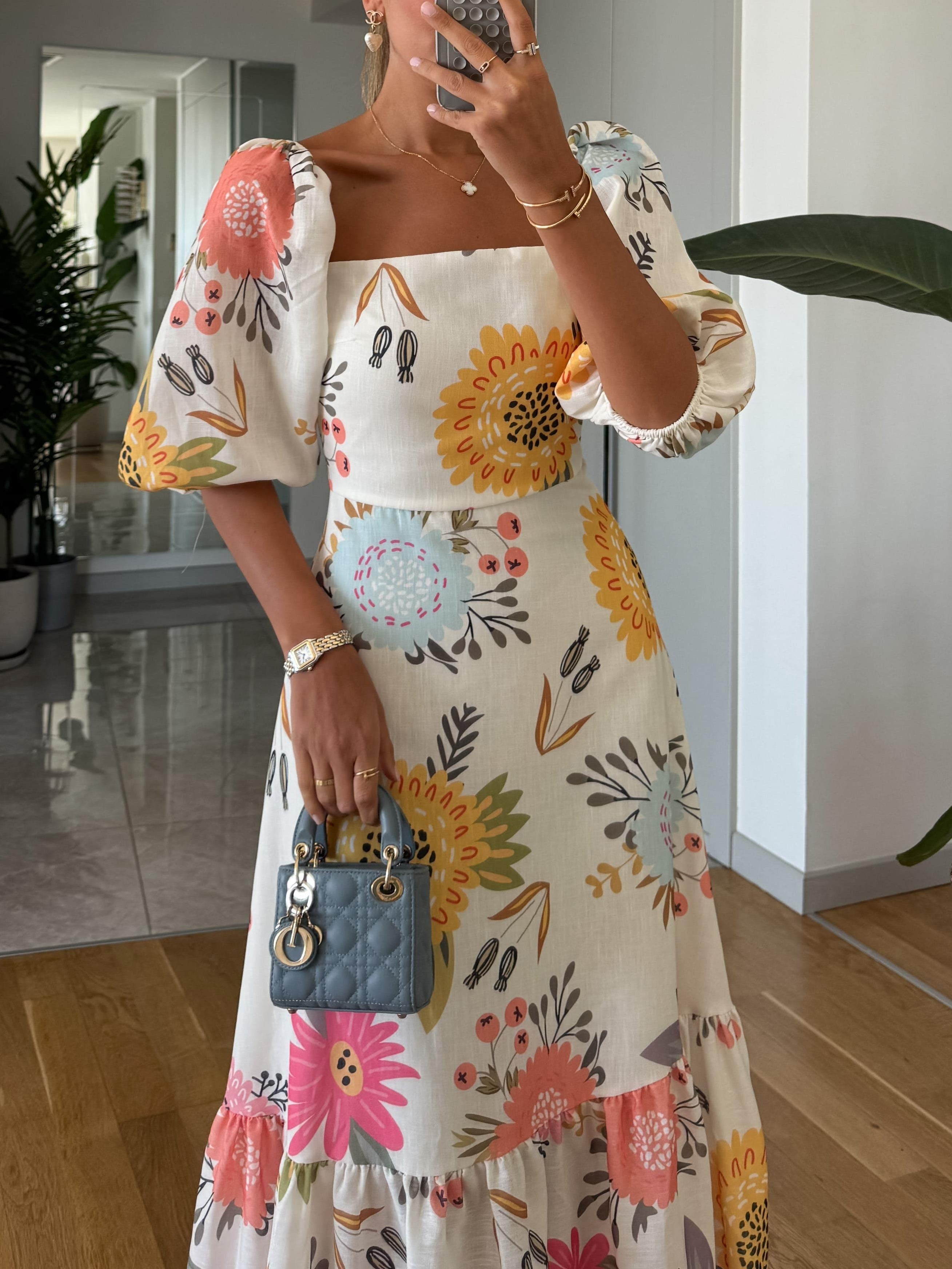 Susan | Romantic Floral Midi With Puff Sleeves