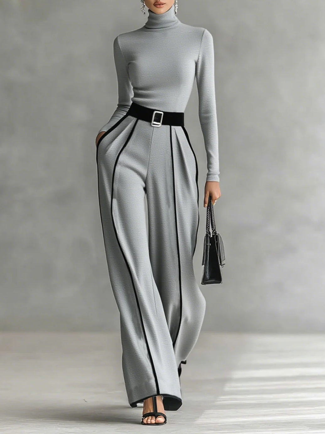 Tanya | High-Neck Long-Sleeved Top With Wide-Leg Pants and Belt Set