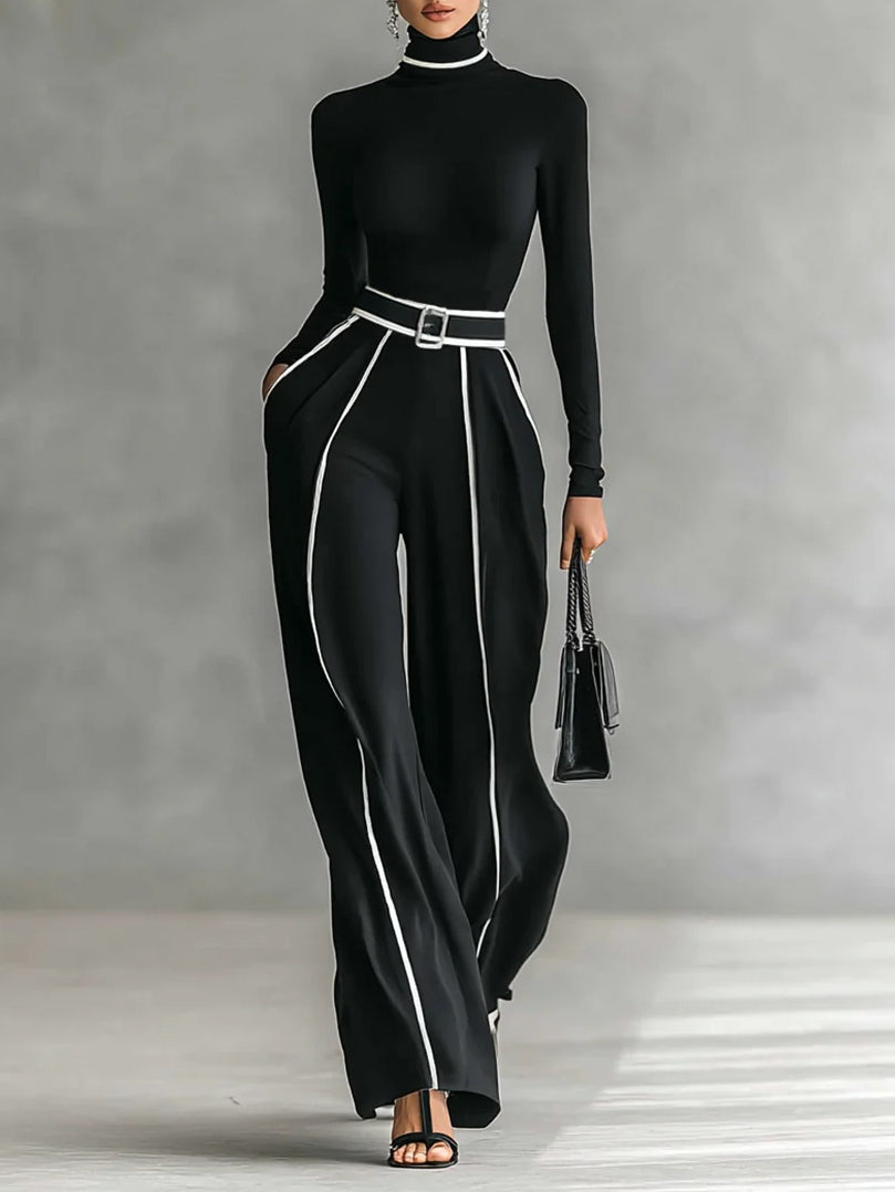 Tanya | High-Neck Long-Sleeved Top With Wide-Leg Pants and Belt Set