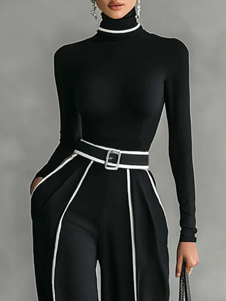 Tanya | High-Neck Long-Sleeved Top With Wide-Leg Pants and Belt Set