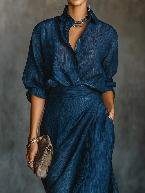Blake | Elegant Dark Blue Blend Shirt Long Skirt Set