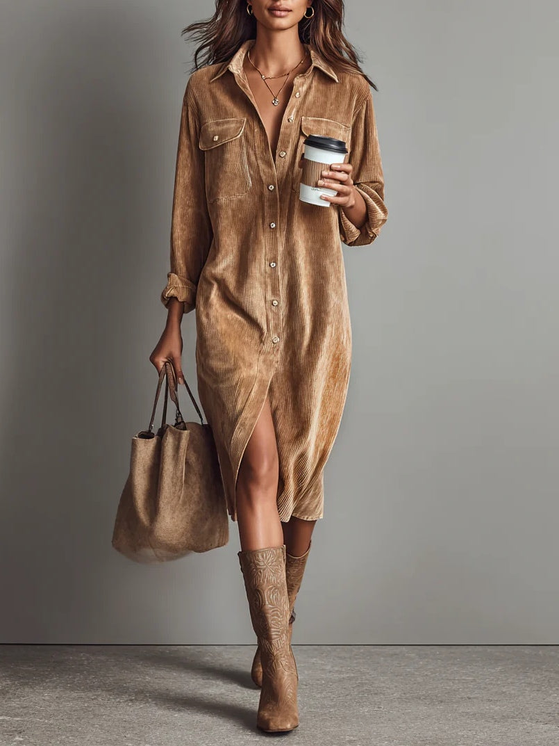 Helene – Cord Midi Dress with Chest Pockets