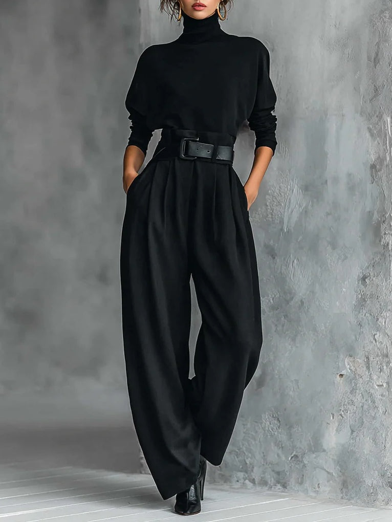 Gina | Turtleneck Long-Sleeved T-shirt and Straight-Leg Pants Two-Piece Set (Including Belt)