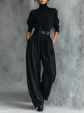 Gina | Turtleneck Long-Sleeved T-shirt and Straight-Leg Pants Two-Piece Set (Including Belt)