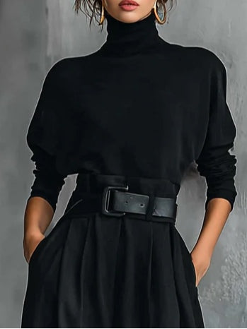 Gina | Turtleneck Long-Sleeved T-shirt and Straight-Leg Pants Two-Piece Set (Including Belt)