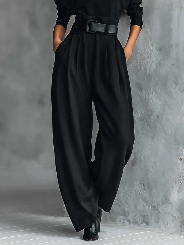 Gina | Turtleneck Long-Sleeved T-shirt and Straight-Leg Pants Two-Piece Set (Including Belt)