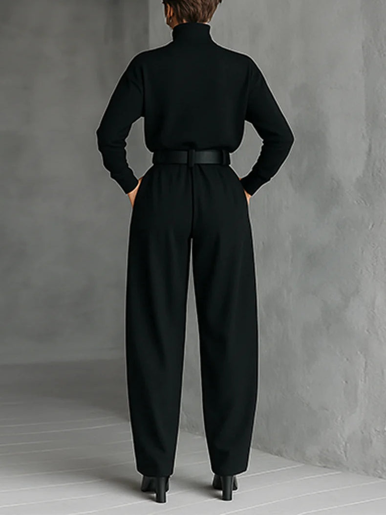 Gina | Turtleneck Long-Sleeved T-shirt and Straight-Leg Pants Two-Piece Set (Including Belt)