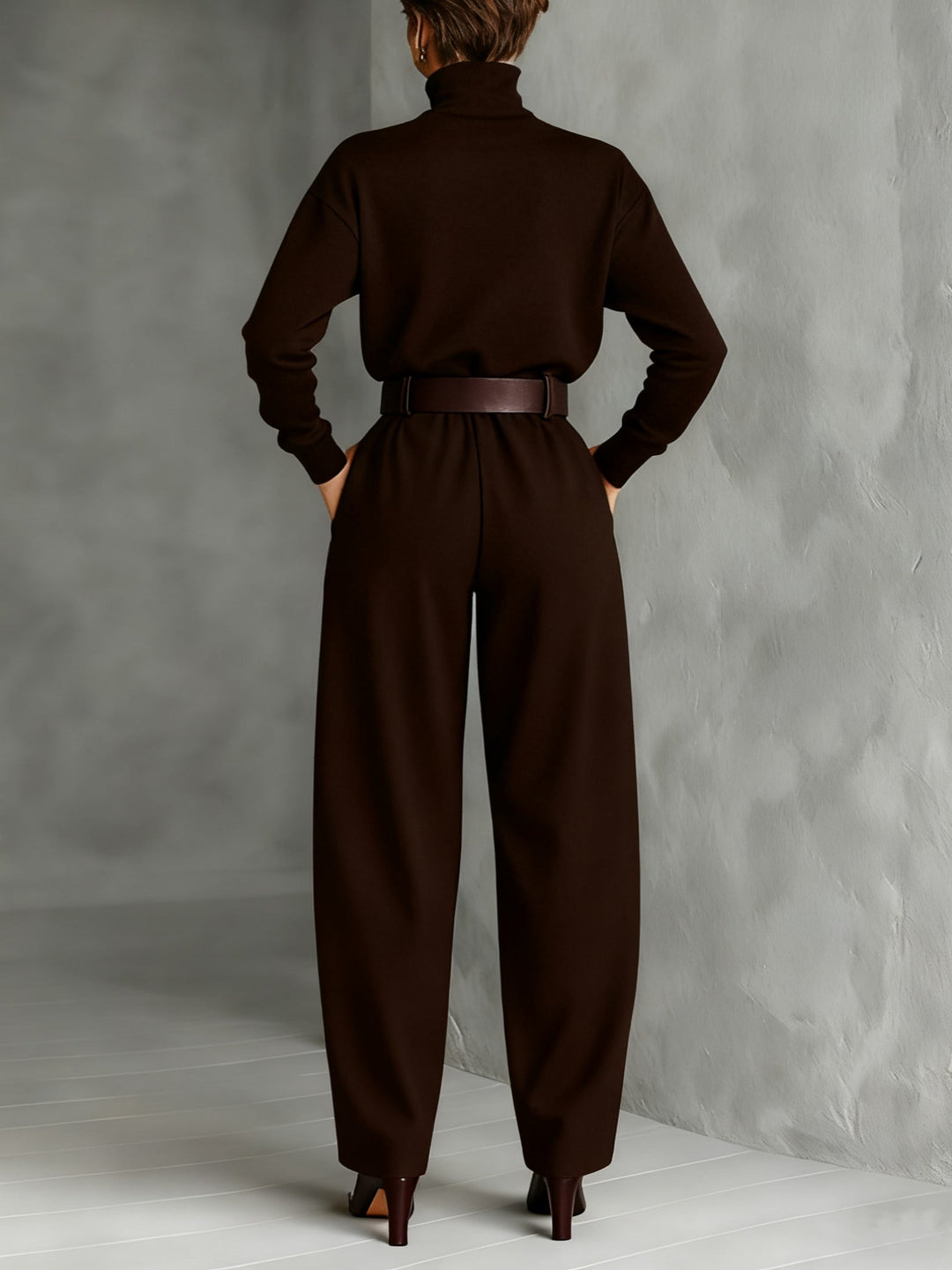 Gina | Turtleneck Long-Sleeved T-shirt and Straight-Leg Pants Two-Piece Set (Including Belt)