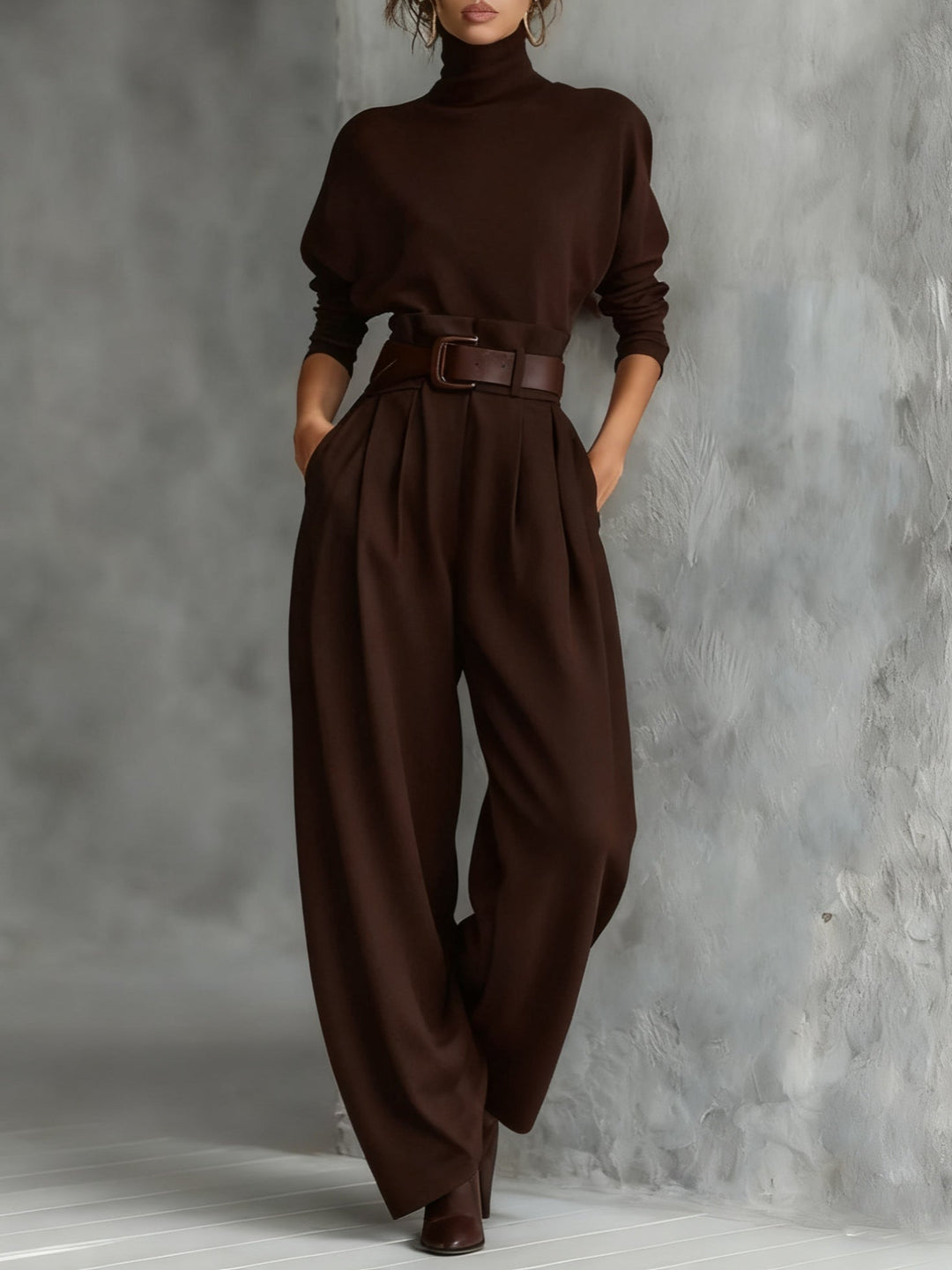 Gina | Turtleneck Long-Sleeved T-shirt and Straight-Leg Pants Two-Piece Set (Including Belt)