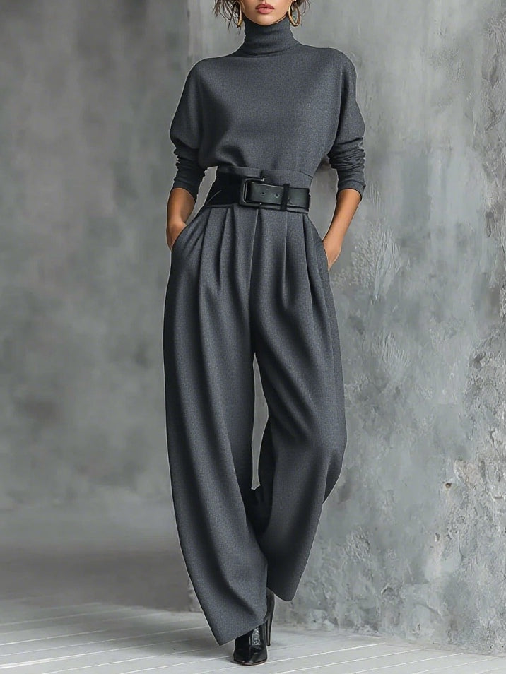 Gina | Turtleneck Long-Sleeved T-shirt and Straight-Leg Pants Two-Piece Set (Including Belt)