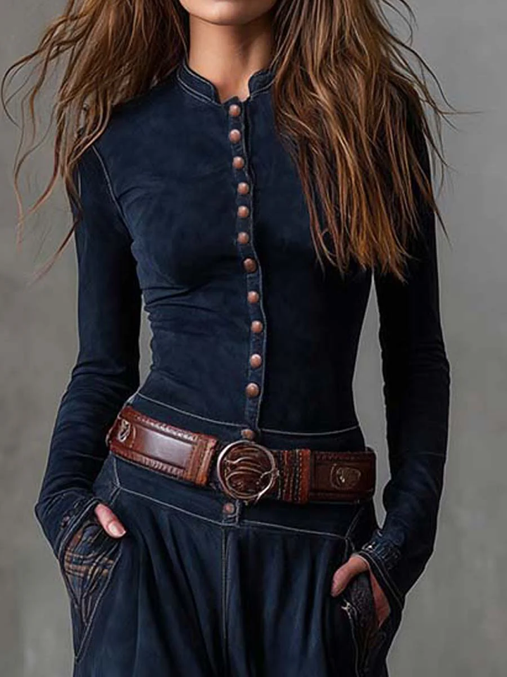 Annalise | Vintage Long Suede-Style Dress with Navy Check Pattern