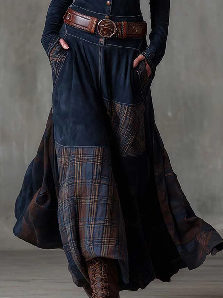 Annalise | Vintage Long Suede-Style Dress with Navy Check Pattern