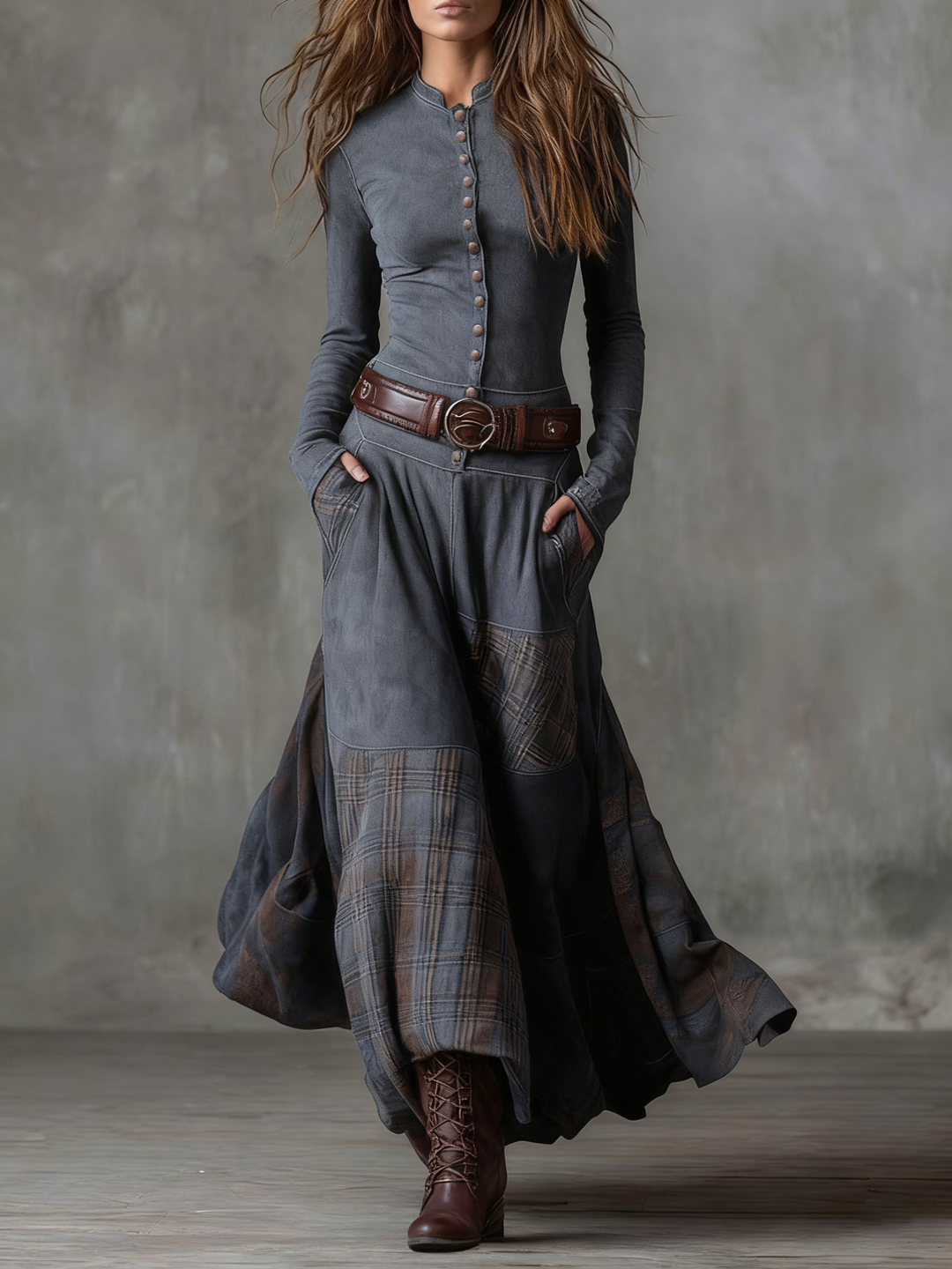 Annalise | Vintage Long Suede-Style Dress with Navy Check Pattern