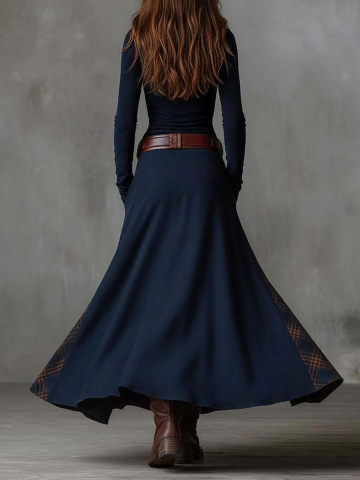 Annalise | Vintage Long Suede-Style Dress with Navy Check Pattern
