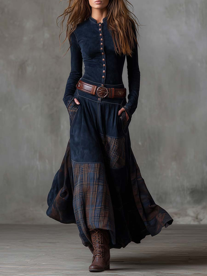 Annalise | Vintage Long Suede-Style Dress with Navy Check Pattern
