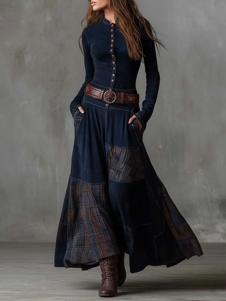 Annalise | Vintage Long Suede-Style Dress with Navy Check Pattern