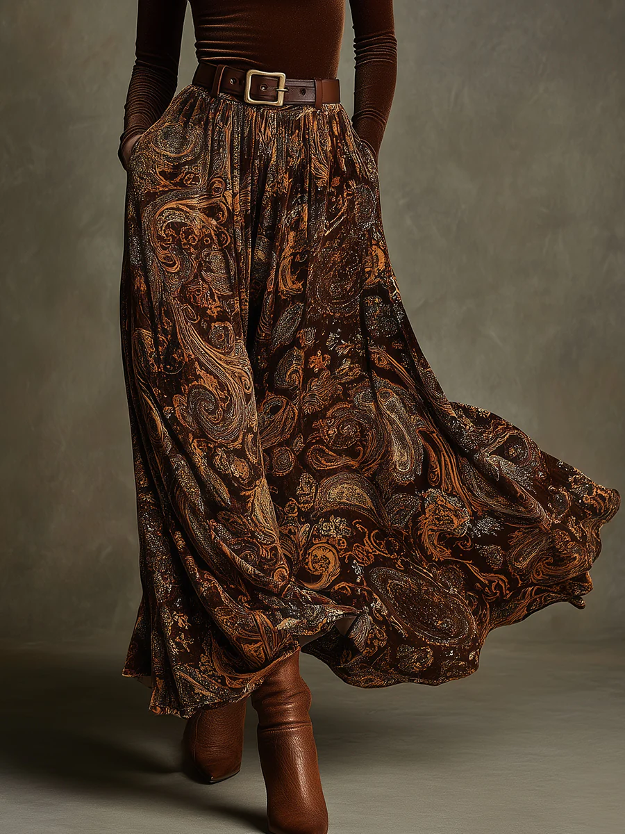 Mara | Vintage Stretch Velvet Top and Paisley Print Maxi Skirt Set (With Belt)