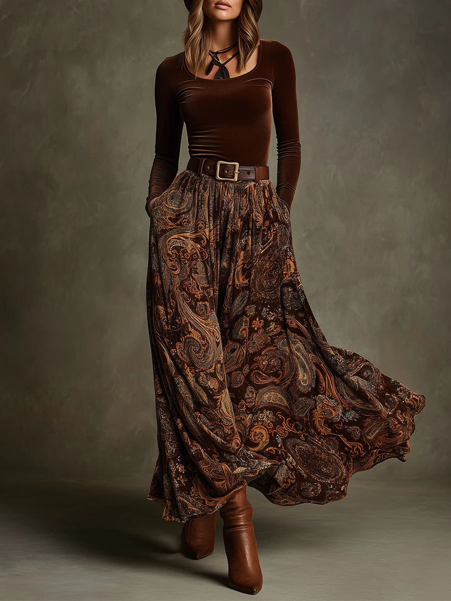 Mara | Vintage Stretch Velvet Top and Paisley Print Maxi Skirt Set (With Belt)