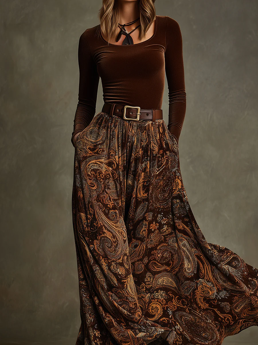 Mara | Vintage Stretch Velvet Top and Paisley Print Maxi Skirt Set (With Belt)
