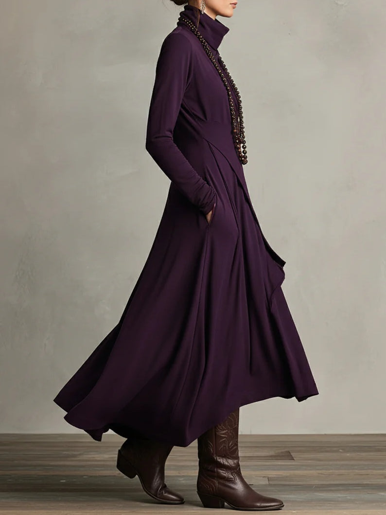 Vivienne | Purple Asymmetric Pleated Maxi Dress with High Neck