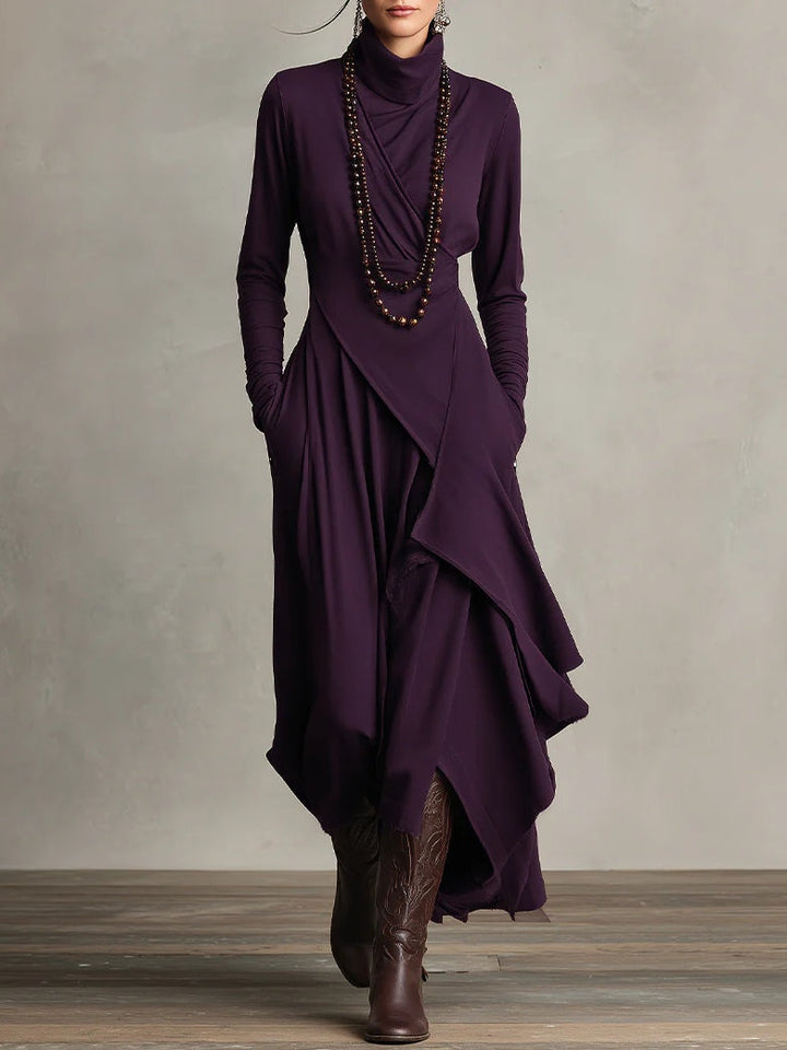 Vivienne | Purple Asymmetric Pleated Maxi Dress with High Neck