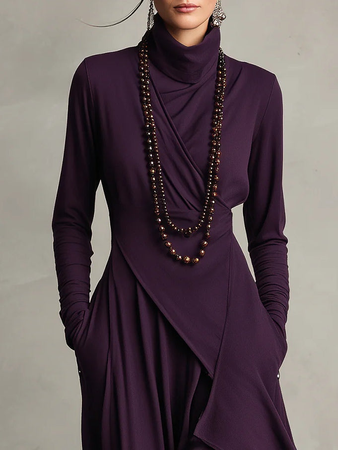 Vivienne | Purple Asymmetric Pleated Maxi Dress with High Neck