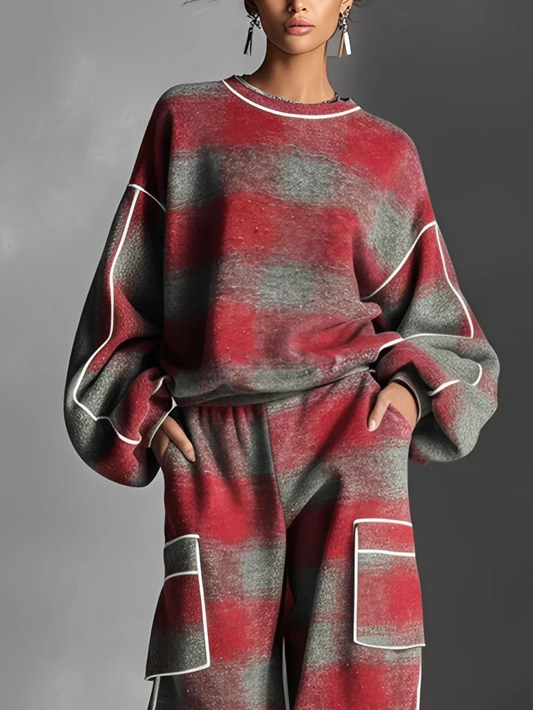 Cathy | Plaid Color-Blocked Sweatshirt and Casual Pants Two-Piece Set